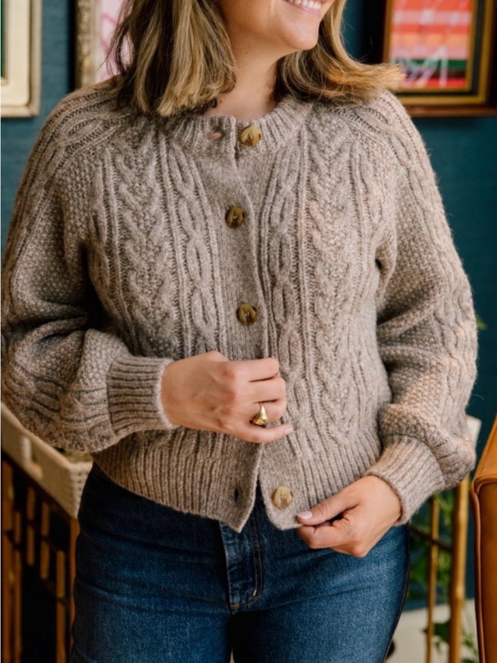 Faherty Frost Cable-Knit  Oversized Cropped Cardigan Baby Alpaca sz S
